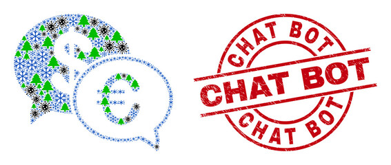 Winter coronavirus collage financial chat, and dirty Chat Bot red round seal. Collage financial chat is created with virus, green tree, and snowflake items. Red Chat Bot seal uses circles and lines.