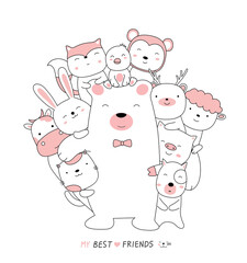 Cartoon sketch the cute bear baby animals with friends. Hand drawn style.