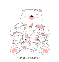 Cartoon sketch the cute bear baby animals with friends. Hand drawn style.