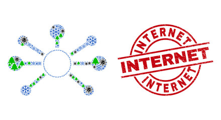 Winter Covid-2019 composition node links, and rubber Internet red round stamp seal. Collage node links is designed of Covid-2019 virus, fir-tree, and snowflake icons.