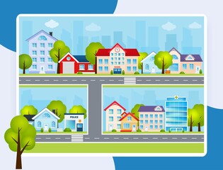 Flat town buildings with private houses school police office vector illustration