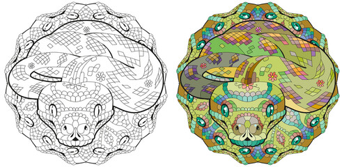 Zentangle snake with mandala. Hand drawn decorative vector illustration for coloring