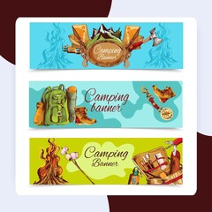 Camping sketch banner horizontal set with backpack hiking boots bonfire isolated vector
