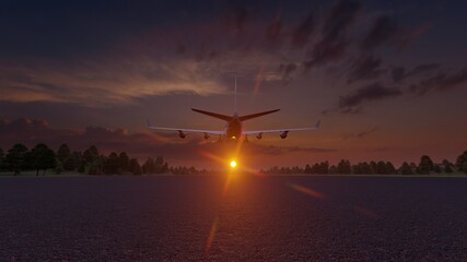Fototapeta na wymiar 3d rendering, Passenger plane take off from the runway before the light from the sunshine