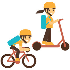 Boy and girl riding to school set. Entrance to school. Vector