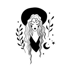 Mystical boho tattoo, hipster woman in hat, witch, modern gypsy. Mystical art for astrology, witchcraft, magic illustration isolated on white background. © Salomi art