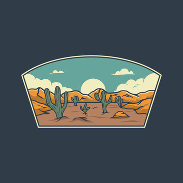 Vintage Retro Desert Mountain With Cactus National Park Badge Illustration Vector