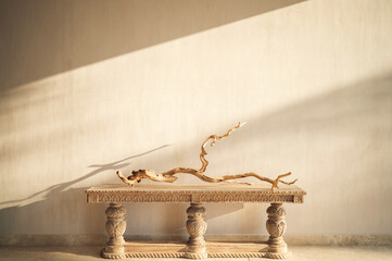 Rustic tree branch on old wooden table over gray concrete background, illuminated by sunset light. Nostalgia concept