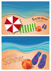 Summer banner design set with sea beach and beach accessories. Hello summer. Summer holidays. Vector illustration