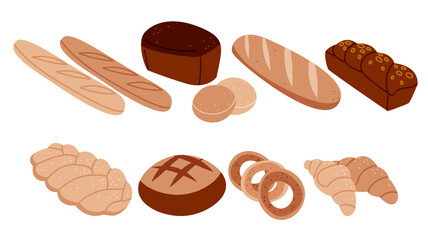 Bakery products elements collection. Breakfast pastry isolated set. Different loafs in simple cartoon design.