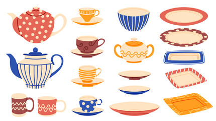 Teapots and cups elements collection. Kitchenware isolated set. Different dishes in cartoon style.