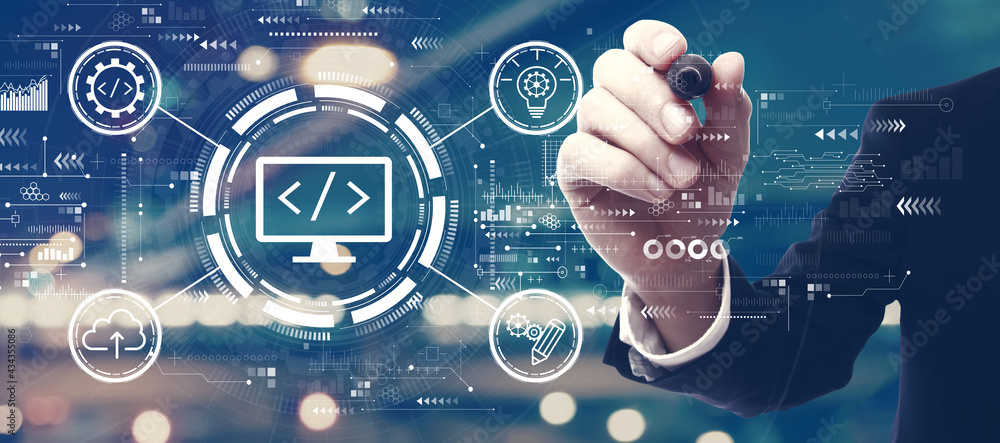 Poster web development concept with a man on city background