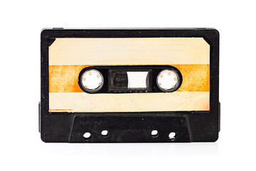 Vintage audio cassette tape. retro audio sound music equipment. Common compact audio cassette, asset data. Selective focus.