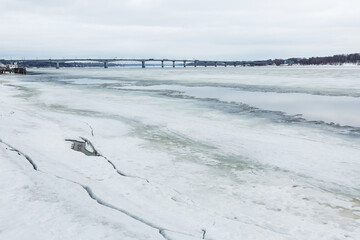 Frozen Volga river in Kostroma in early spring or winter. Cold landscape with copy space