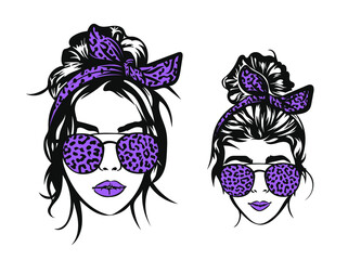 Woman face and girl face with aviator leopard glasses bandana . Messy Bun Mom Lifestyle. Messy Bun Girl Lifestyle.Vector illustration. Isolated on white background. Good for posters, t shirts, postcar