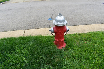 Fototapeta na wymiar Red Fire Hydrant with Silver Trim