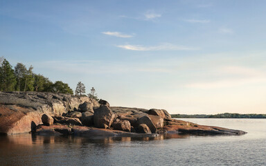granite rocks with woods are coastline and islands in North Europe, Baltic sea, gulf of Finland. Clean nordic nature