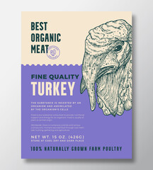 Bird Portrait Organic Meat Abstract Vector Packaging Design or Label Template. Farm Grown Poultry Banner. Modern Typography and Hand Drawn Turkey Head Sketch Background Layout with Soft Shadow