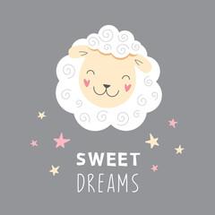 Cute white sheep, cartoon character. Sweet Dreams. Vector illustration for children.