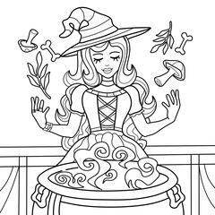 Coloring antistress page for adults 
and children. Witch with a cauldron.