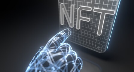 NFT non fungible tokens crypto currency art against colorful abstract background. Pay for unique collectibles in games or art. Concept illustration of NFT crypto art collectibles