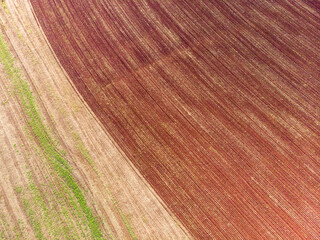 Contrast in the field between plowed land ready for planting and raw land