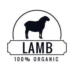 Organic meat label with silhouette of sheep. For menu, packing, restaurant, butcher shop, web. Hand drawn vector illustration. Organic food, fresh farm meat, lamb. 
