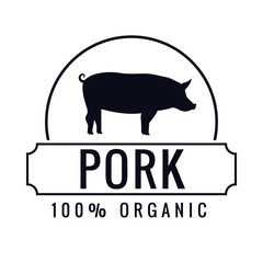 Organic meat label with silhouette of pig. For menu, packing, restaurant, butcher shop, web. Hand drawn vector illustration. Organic food, fresh farm meat, pork. 
