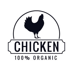 Fototapeta na wymiar Organic meat label with silhouette of chicken. For menu, packing, restaurant, butcher shop, web. Hand drawn vector illustration. Organic food, fresh farm meat 