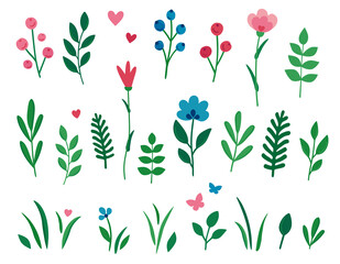 Fototapeta na wymiar Hand drawn vector set of wildflowers, berries, leaves with butterflies and hearts. Elements isolated on a white background. Spring and summer field and forest berries, flowers, herbs in a flat style.