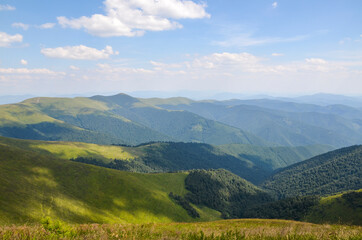 Fototapeta premium White summer clouds overt the mountains covered green forest and grassy slopes Borzhava mountain range, popular travel destination of Ukraine. Carpathian Mountains
