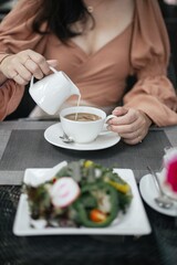 Cup of coffee on table in cafe. Morning coffee, drinking hot coffee and enjoying morning