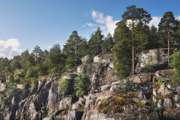 granite rocks and cliffs with woods, clean nordic nature in North Europe, gulf of Finland