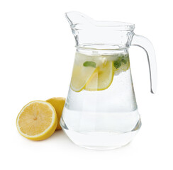 Glass jug of cold lemonade on white background