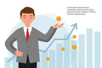 Man in a jacket successfully invests his money. A boy stands with coins in his hands on the background of graphs. Financial literacy. Investment training. 