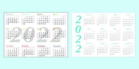 Set of one page calendars for 2022. Week starts on Monday and Sunday. The size is equal to A4 format. Vector illustration. 