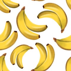 Hand drawing textured illustration of banana seamless pattern isolated on white background. Use for print, fabric, patterns, card, poster, menu, eco food shop, food festival, backdrop 