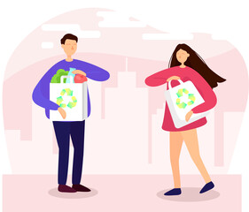 Woman and man with eco shopping bags. Shopping without waste. People on store, cute cartoon couple and purchases vector illustration on city background