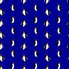 Penguins on blue background seamless pattern. Winter vector illustration.
