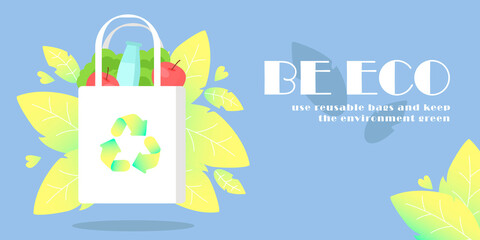 Ecology concept. Girl with eco bag on the background of leaves and phone. Shopping without waste, reusable, environmental concern. Flat design style minimal vector banner.