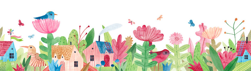 Watercolor illustration with cute village houses, wildflowers, herbs and butterflies. Repeating horizontal panorama. Seamless border.