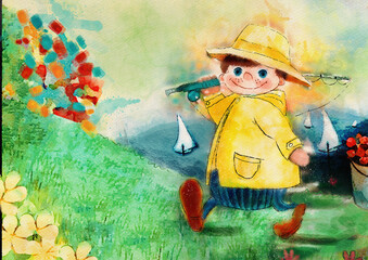 Obraz na płótnie Canvas Holidays by the lake. Watercolor for children
