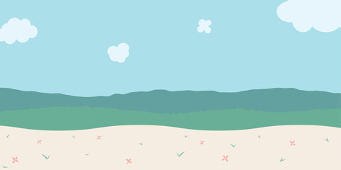Nature green landscape. Flower and grass at blue sky. Vector illustration.