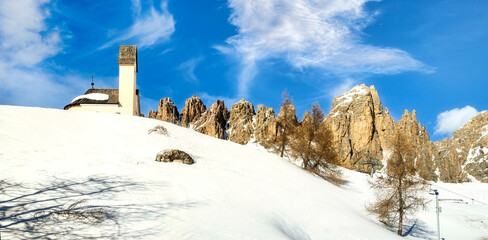 Panorama of the Wolkenstein in Gröden in winter with view to the pizes de cir, Dolomite, Italy