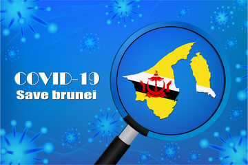 Obraz na płótnie Canvas Save brunei for stop virus sign. Covid-19 virus cells or corona virus and bacteria close up isolated on blue background,Poster Advertisement Flyers Vector Illustration.