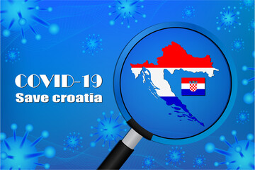 Obraz na płótnie Canvas Save croatia for stop virus sign. Covid-19 virus cells or corona virus and bacteria close up isolated on blue background,Poster Advertisement Flyers Vector Illustration.