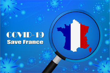 Obraz na płótnie Canvas Save France for stop virus sign. Covid-19 virus cells or corona virus and bacteria close up isolated on blue background,Poster Advertisement Flyers Vector Illustration.