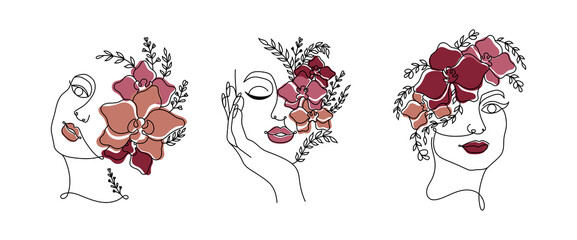 Line art women faces with color flowers. Continuous line art in minimalistic style for prints, tattoos, posters, textile, cards etc. Vector illustration EPS10