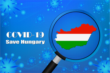 Obraz na płótnie Canvas Save Hungary for stop virus sign. Covid-19 virus cells or corona virus and bacteria close up isolated on blue background,Poster Advertisement Flyers Vector Illustration.