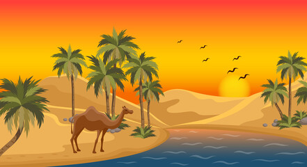 Oasis in the desert dunes. Flat design. Desert Oasis Camels Composition